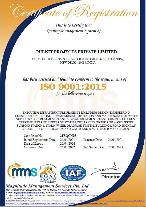ISO 9001:2015 Certificate — Pulkit Projects Pvt. Ltd.